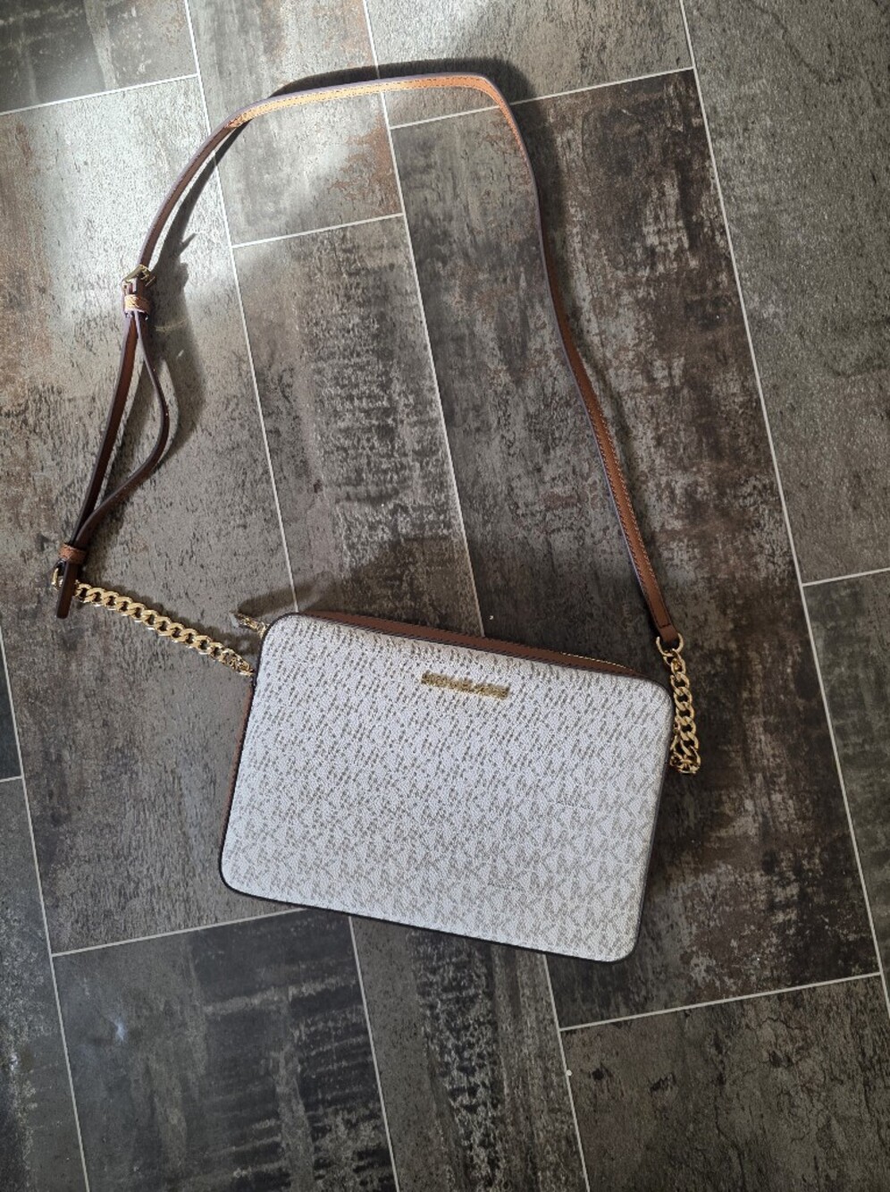 Elegant White and Brown Crossbody Bag